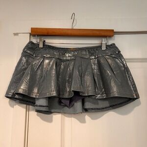 Daisy Y2K Metallic Silver Denim Skort Pleated Mini Skirt Festival Large Dainty
